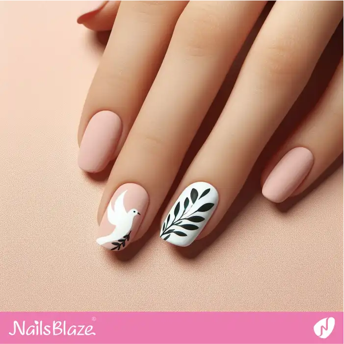 White Peace Dove with Olive Branch Nail Design | Nature-inspired Nails - NB1636